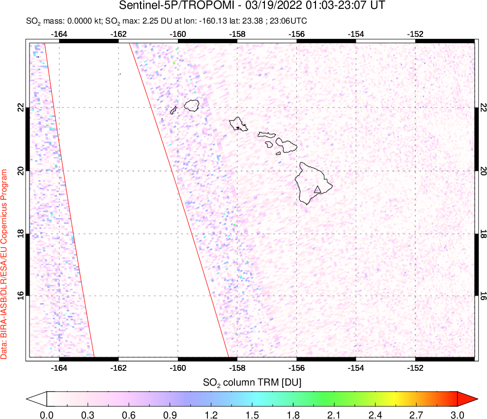 A sulfur dioxide image over Hawaii, USA on Mar 19, 2022.