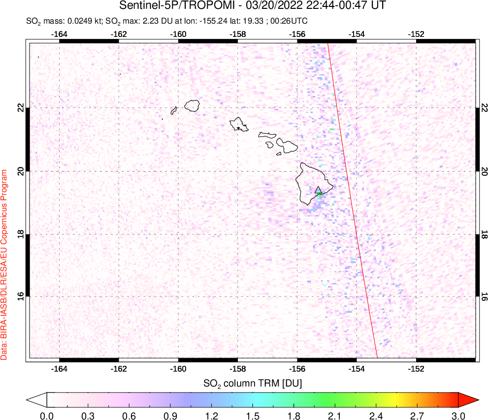 A sulfur dioxide image over Hawaii, USA on Mar 20, 2022.