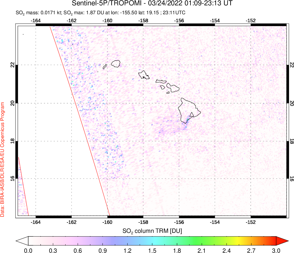 A sulfur dioxide image over Hawaii, USA on Mar 24, 2022.