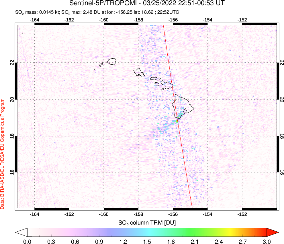 A sulfur dioxide image over Hawaii, USA on Mar 25, 2022.