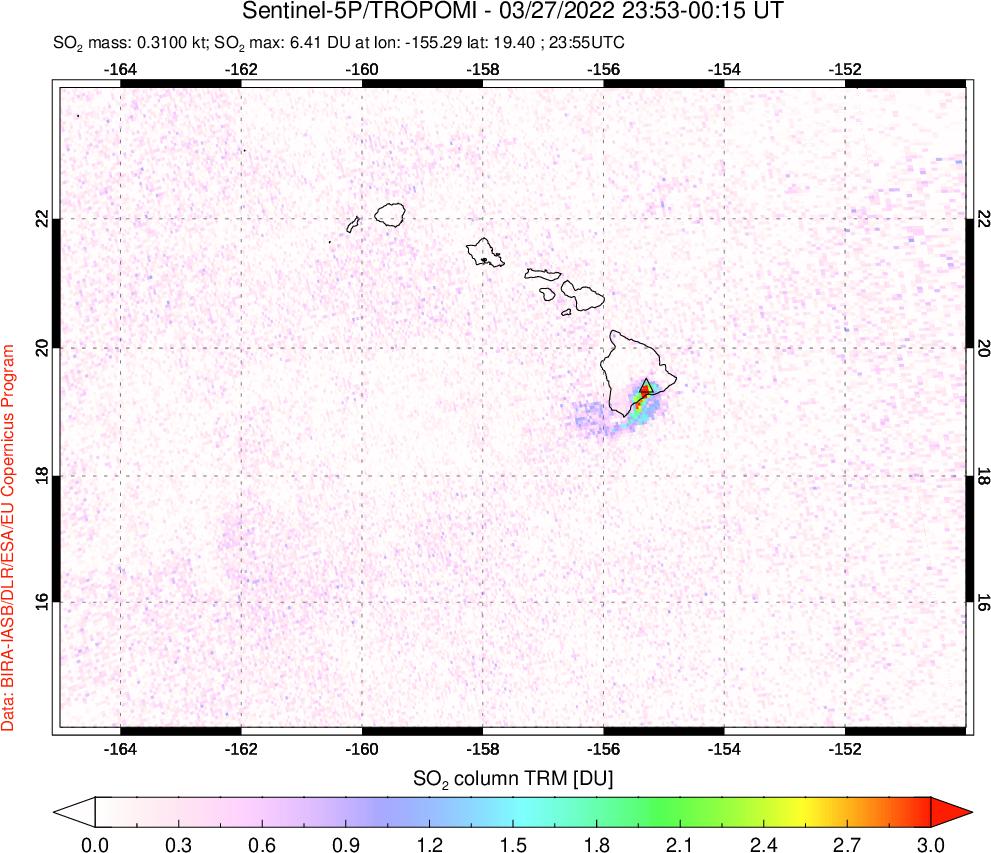 A sulfur dioxide image over Hawaii, USA on Mar 27, 2022.
