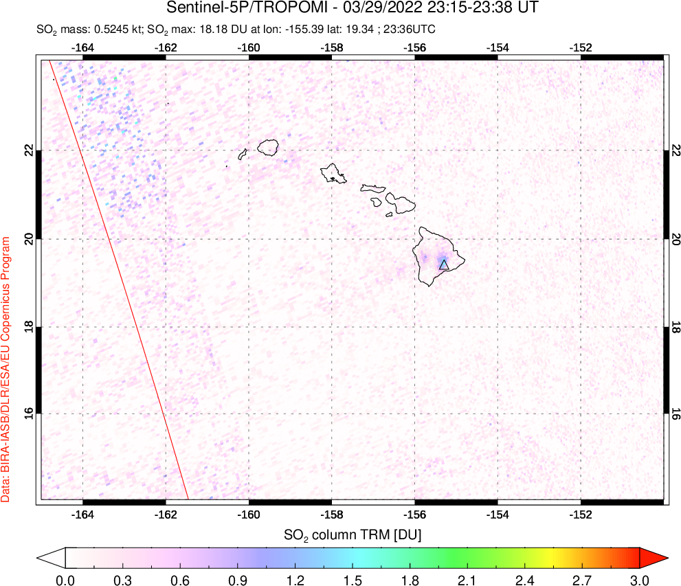A sulfur dioxide image over Hawaii, USA on Mar 29, 2022.