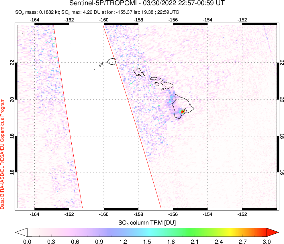 A sulfur dioxide image over Hawaii, USA on Mar 30, 2022.