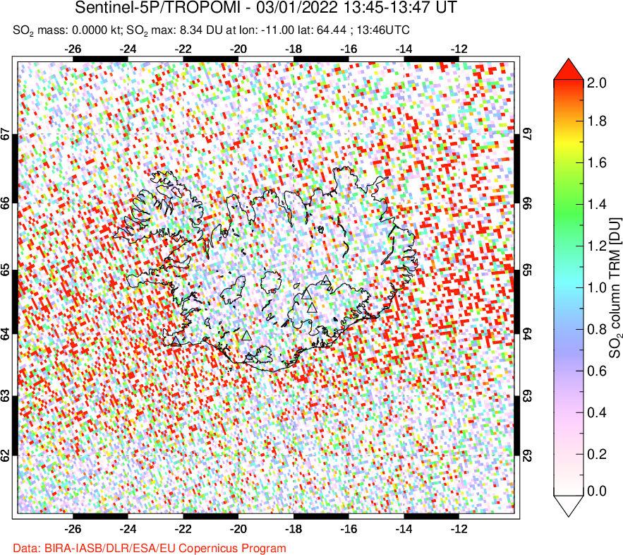 A sulfur dioxide image over Iceland on Mar 01, 2022.