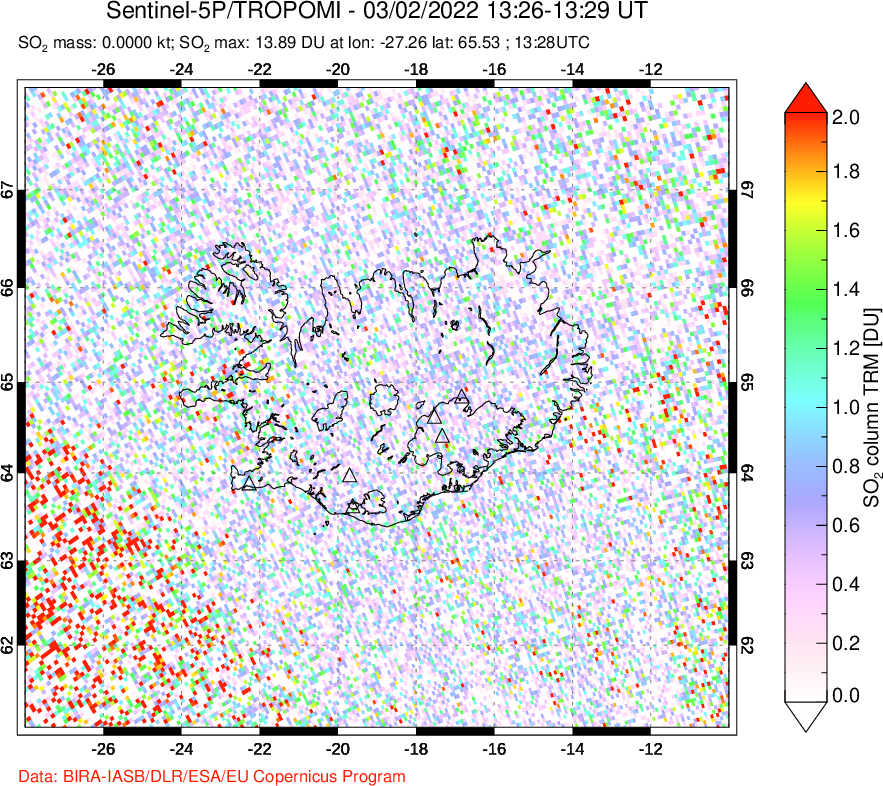 A sulfur dioxide image over Iceland on Mar 02, 2022.