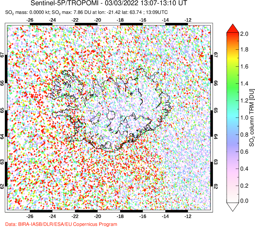 A sulfur dioxide image over Iceland on Mar 03, 2022.