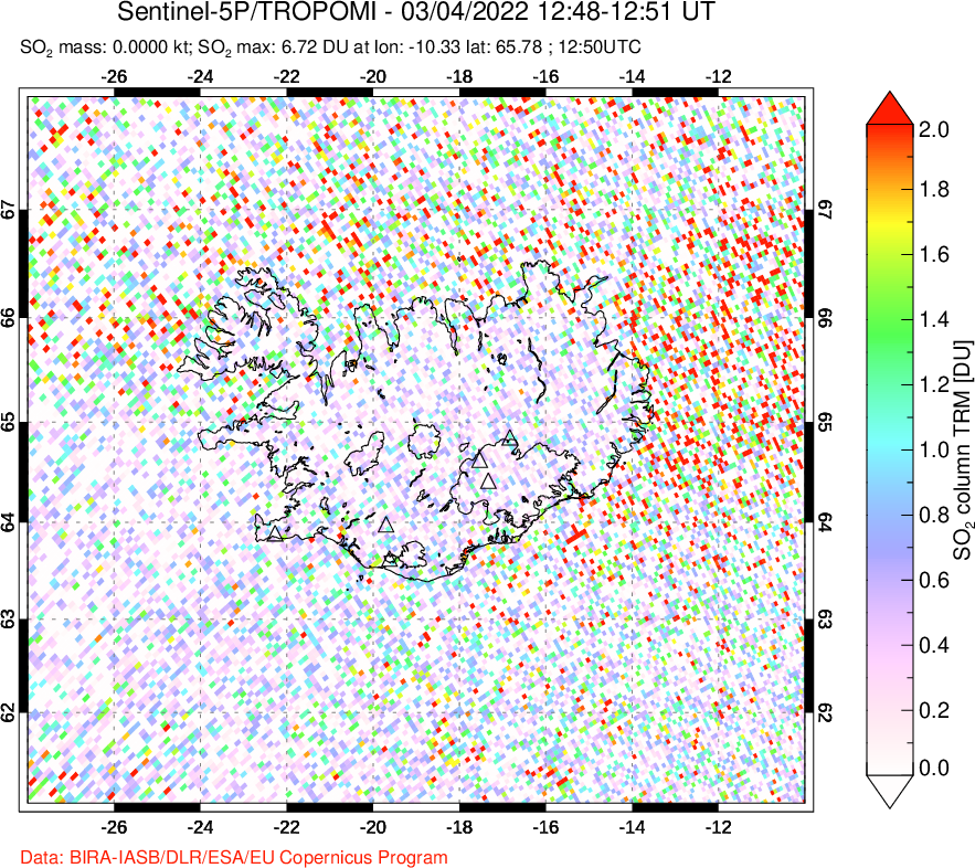 A sulfur dioxide image over Iceland on Mar 04, 2022.