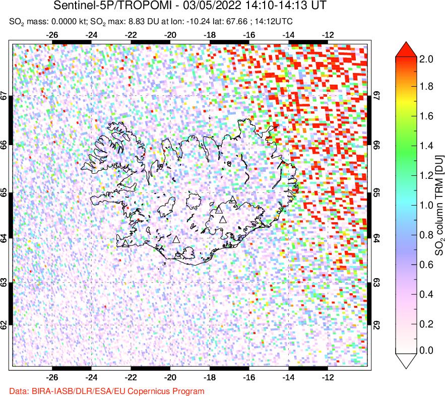A sulfur dioxide image over Iceland on Mar 05, 2022.