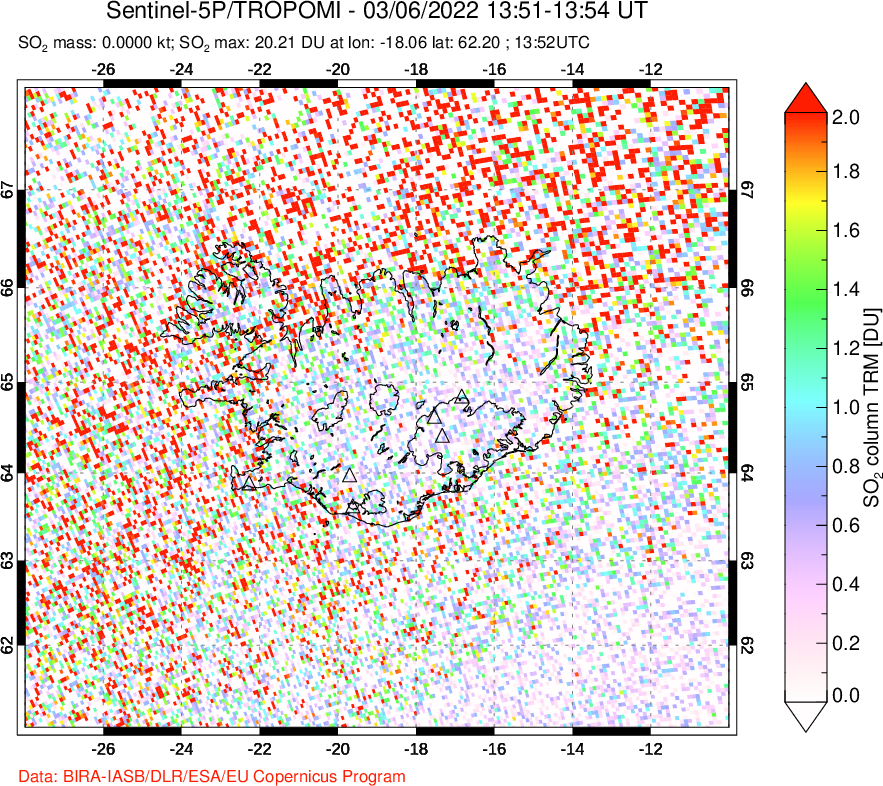 A sulfur dioxide image over Iceland on Mar 06, 2022.