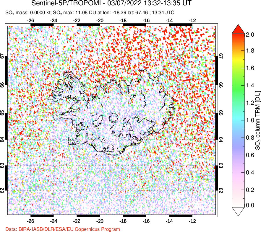 A sulfur dioxide image over Iceland on Mar 07, 2022.