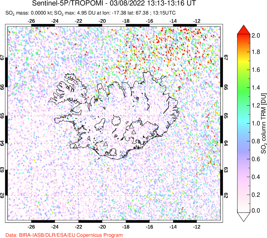 A sulfur dioxide image over Iceland on Mar 08, 2022.