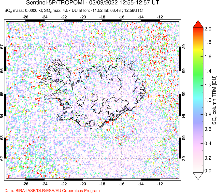 A sulfur dioxide image over Iceland on Mar 09, 2022.