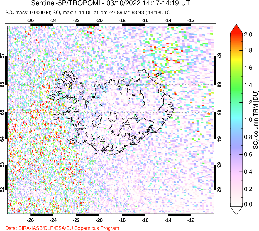 A sulfur dioxide image over Iceland on Mar 10, 2022.