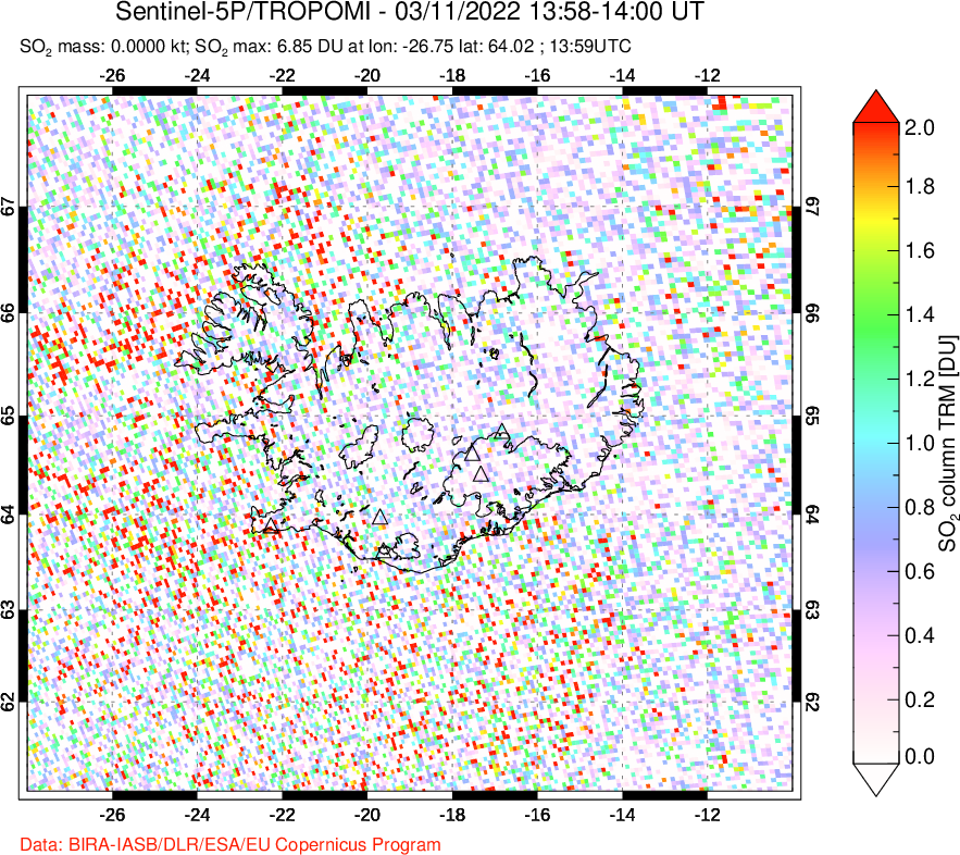 A sulfur dioxide image over Iceland on Mar 11, 2022.