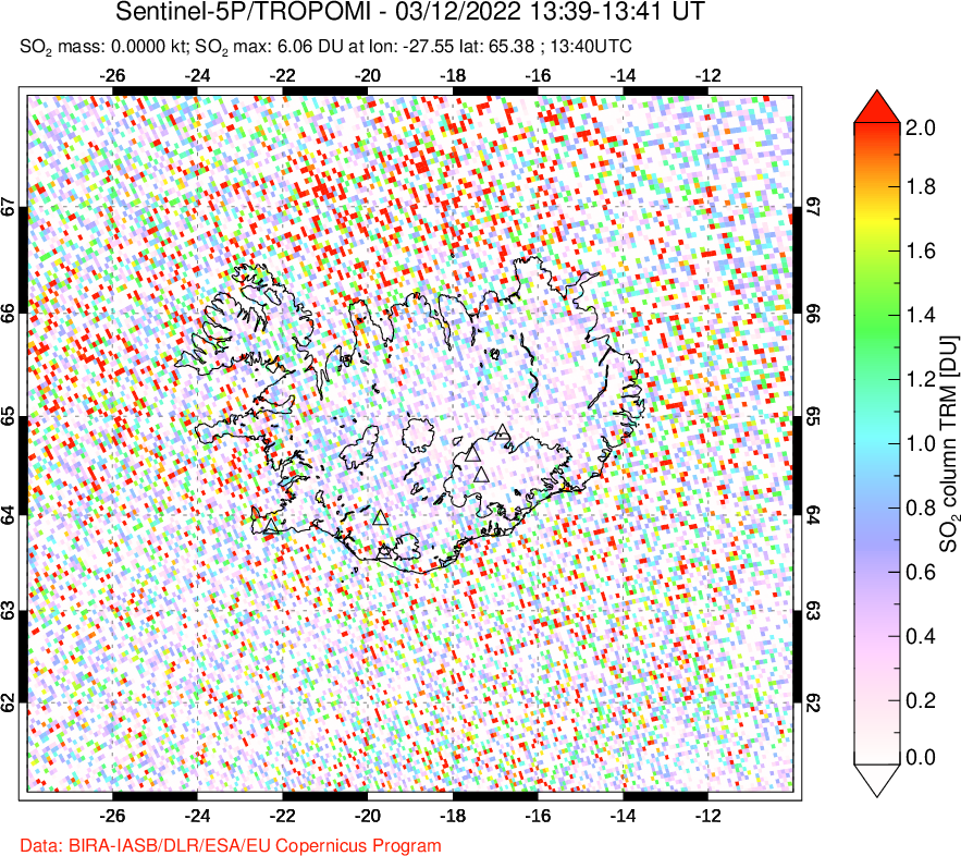 A sulfur dioxide image over Iceland on Mar 12, 2022.