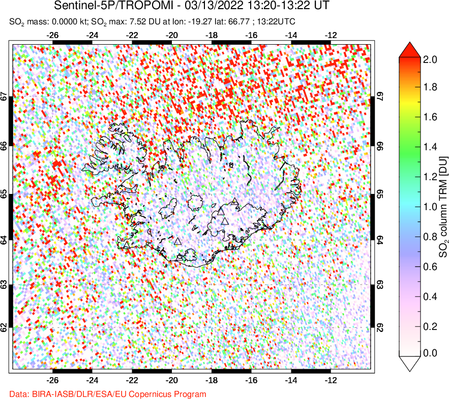 A sulfur dioxide image over Iceland on Mar 13, 2022.