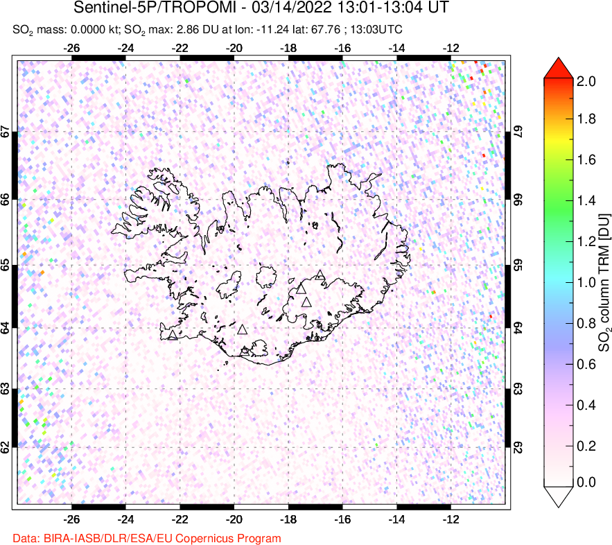 A sulfur dioxide image over Iceland on Mar 14, 2022.