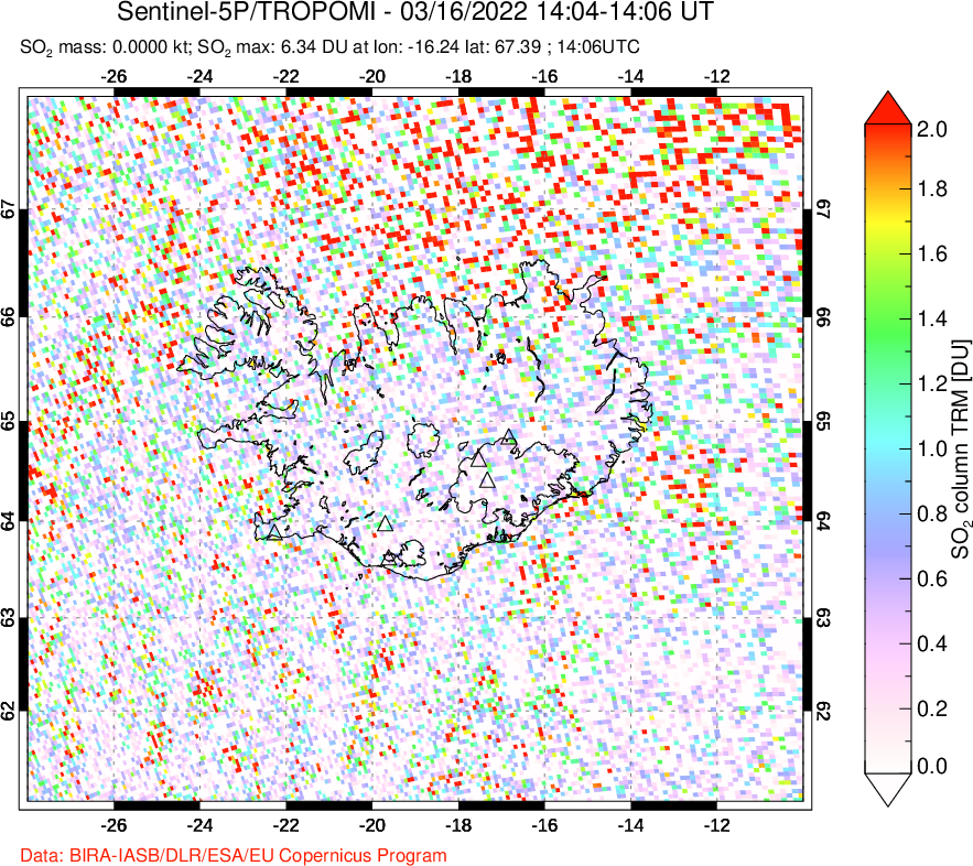 A sulfur dioxide image over Iceland on Mar 16, 2022.