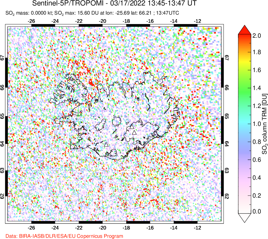 A sulfur dioxide image over Iceland on Mar 17, 2022.