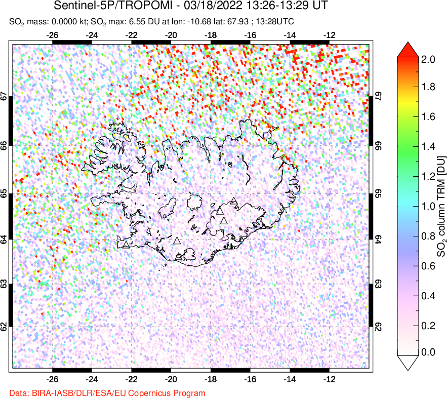 A sulfur dioxide image over Iceland on Mar 18, 2022.
