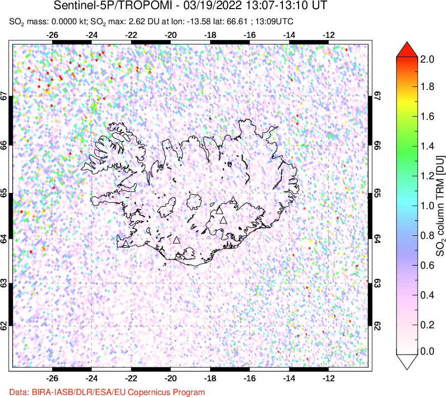 A sulfur dioxide image over Iceland on Mar 19, 2022.