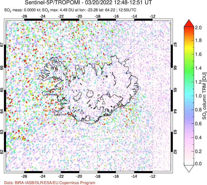 A sulfur dioxide image over Iceland on Mar 20, 2022.