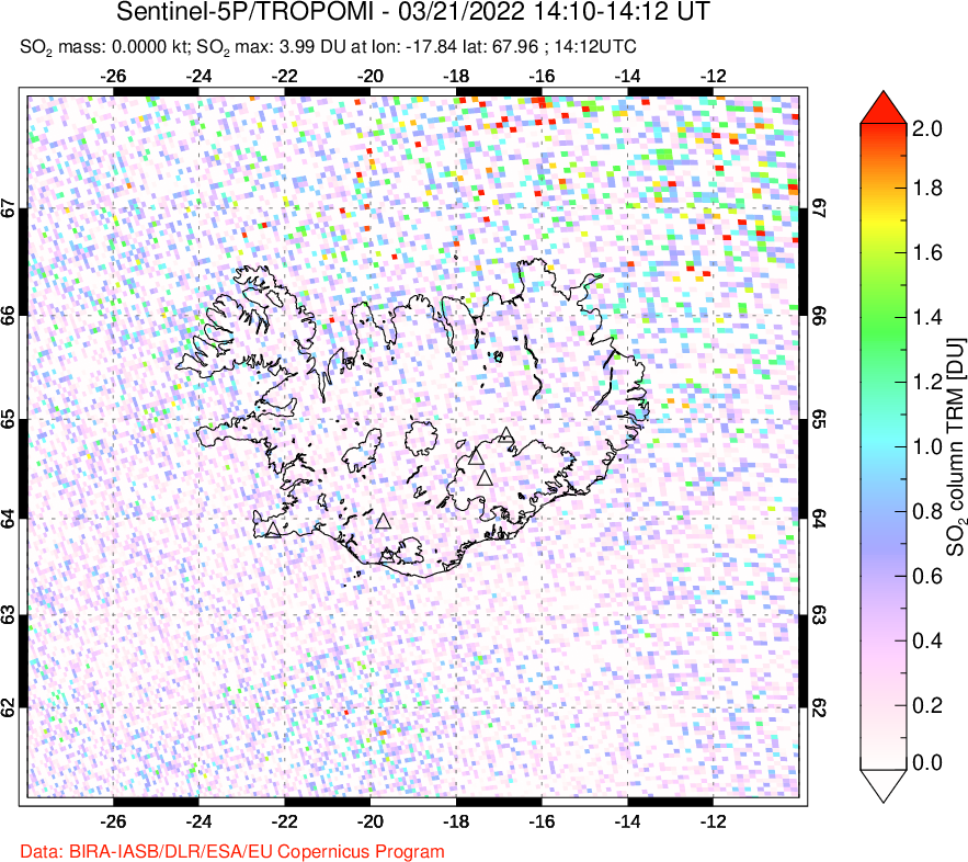 A sulfur dioxide image over Iceland on Mar 21, 2022.