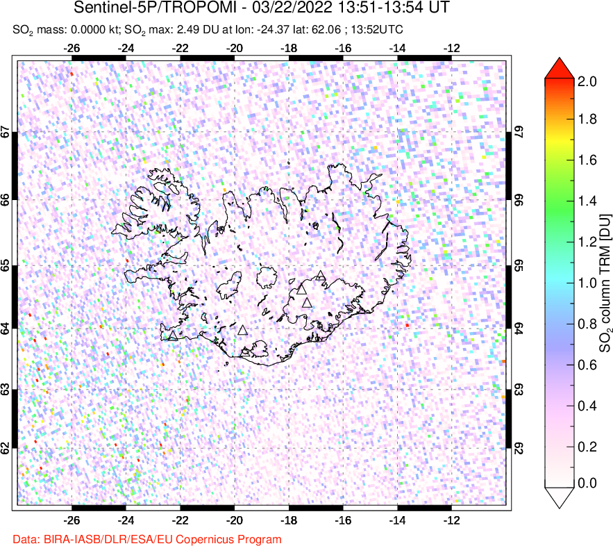A sulfur dioxide image over Iceland on Mar 22, 2022.