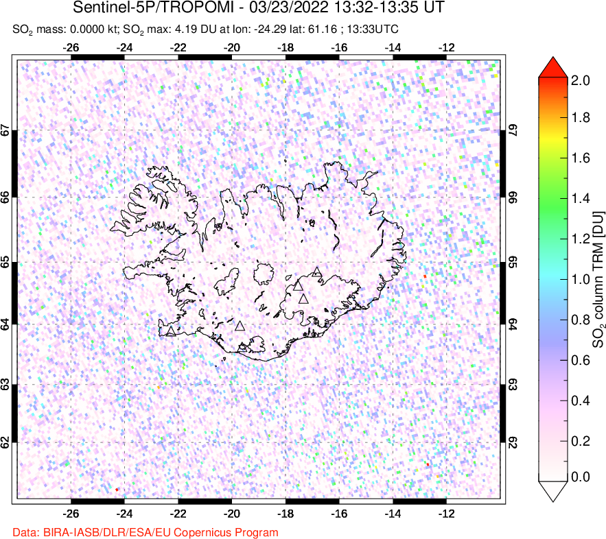 A sulfur dioxide image over Iceland on Mar 23, 2022.