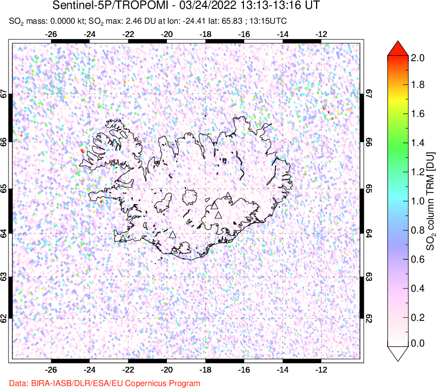 A sulfur dioxide image over Iceland on Mar 24, 2022.
