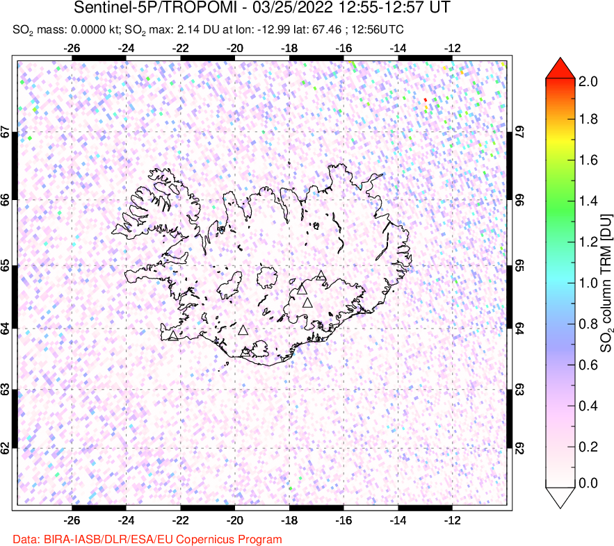 A sulfur dioxide image over Iceland on Mar 25, 2022.