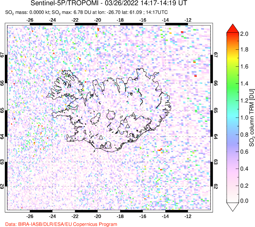 A sulfur dioxide image over Iceland on Mar 26, 2022.