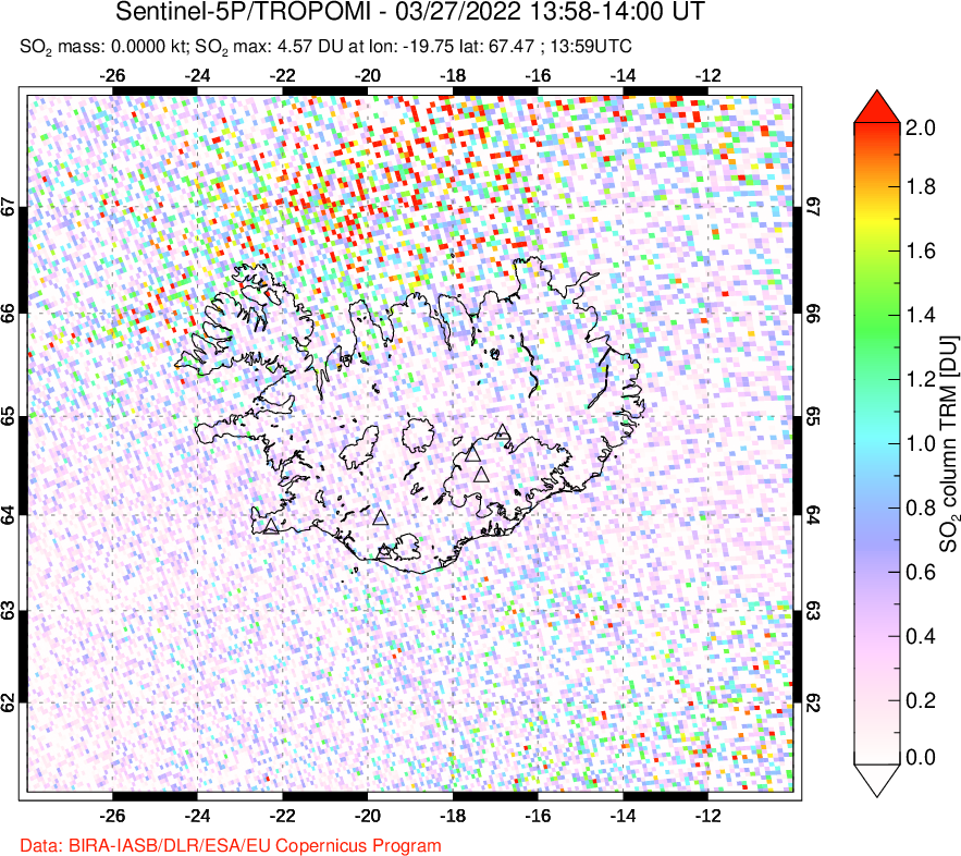 A sulfur dioxide image over Iceland on Mar 27, 2022.