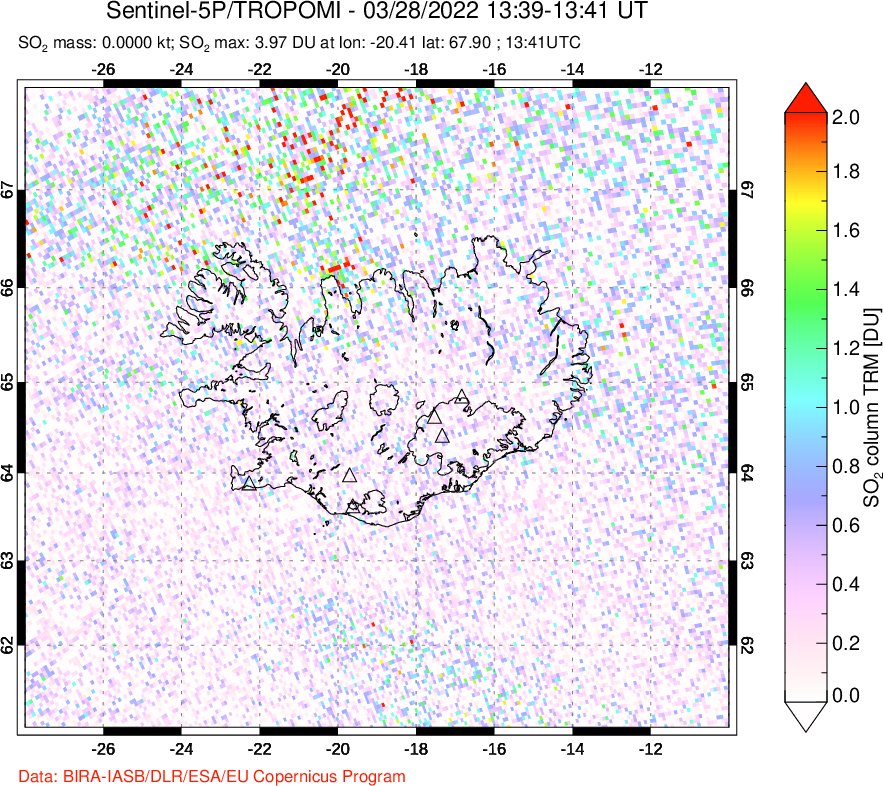 A sulfur dioxide image over Iceland on Mar 28, 2022.