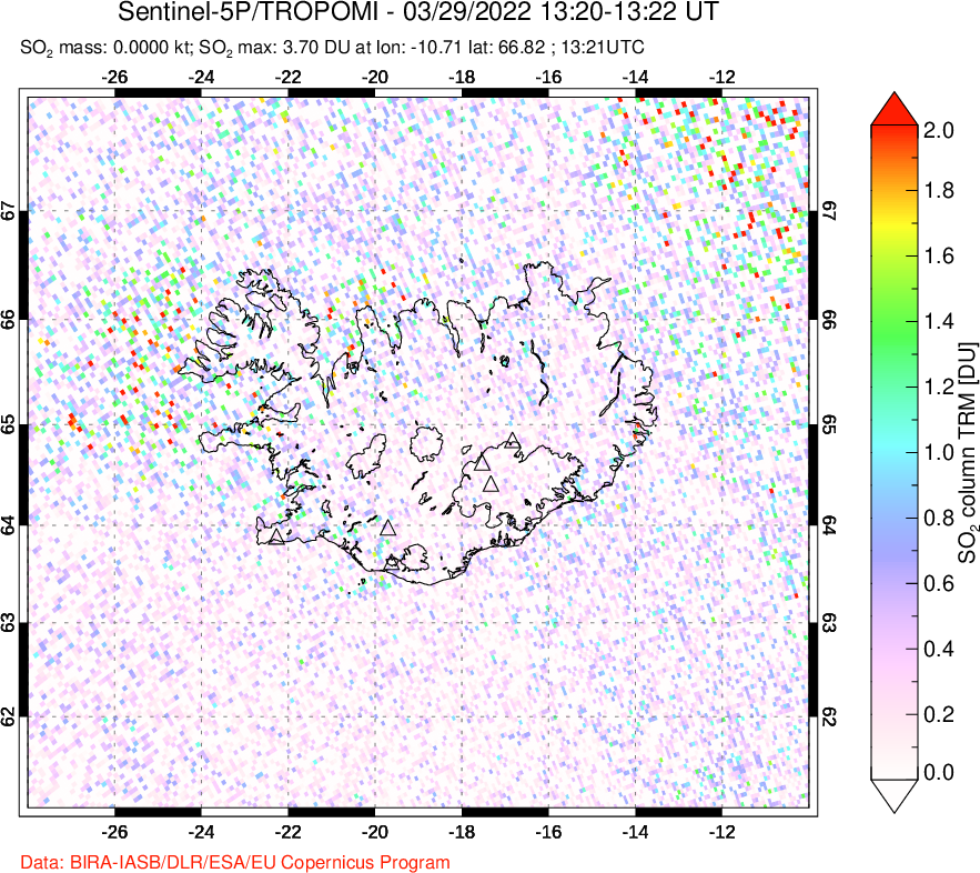 A sulfur dioxide image over Iceland on Mar 29, 2022.