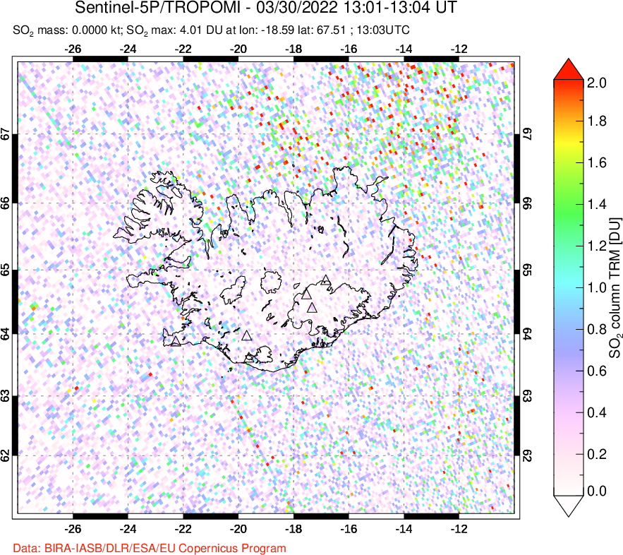 A sulfur dioxide image over Iceland on Mar 30, 2022.