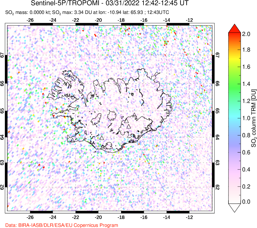 A sulfur dioxide image over Iceland on Mar 31, 2022.