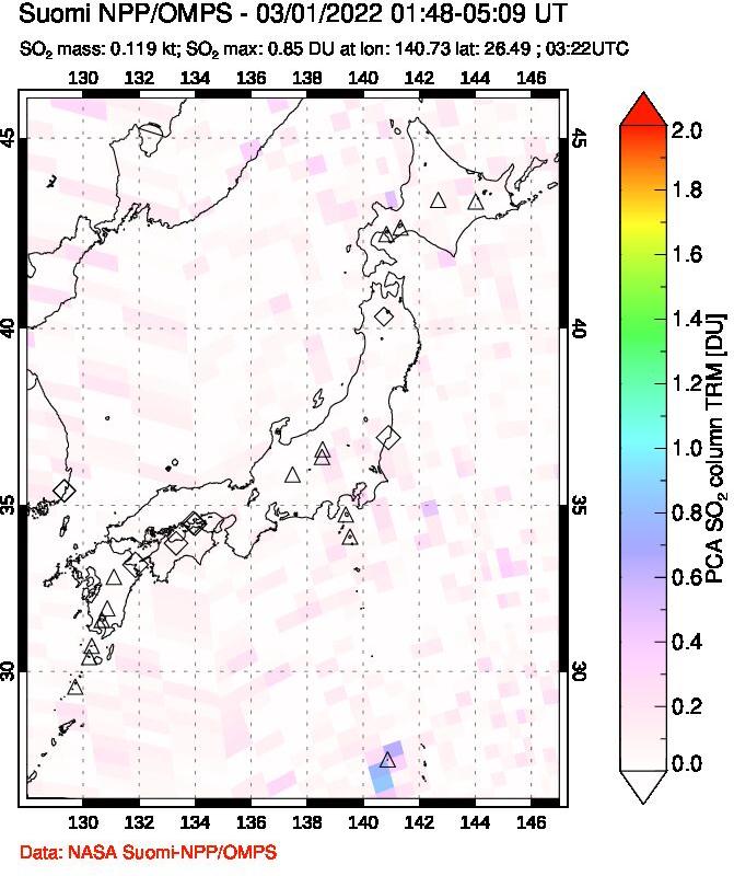 A sulfur dioxide image over Japan on Mar 01, 2022.