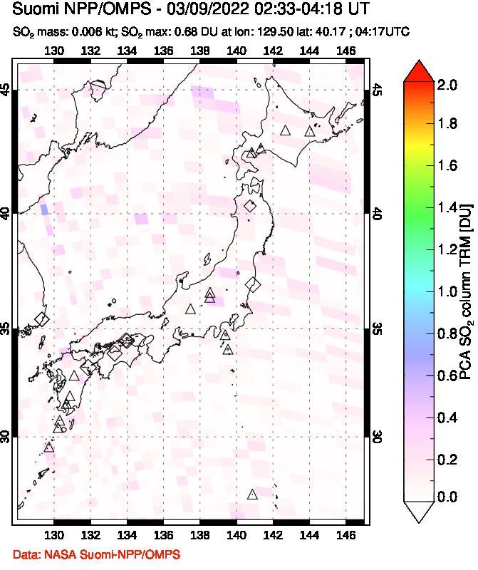 A sulfur dioxide image over Japan on Mar 09, 2022.