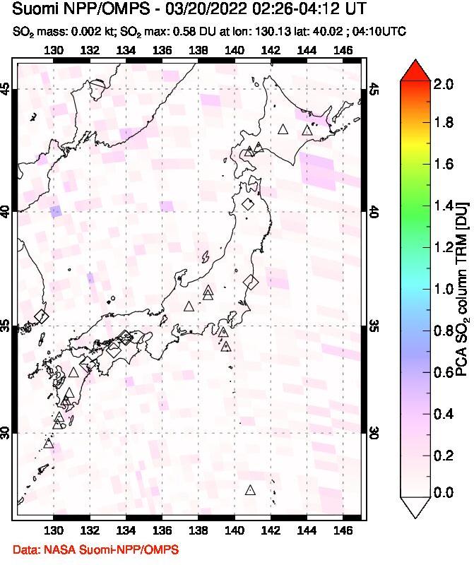 A sulfur dioxide image over Japan on Mar 20, 2022.