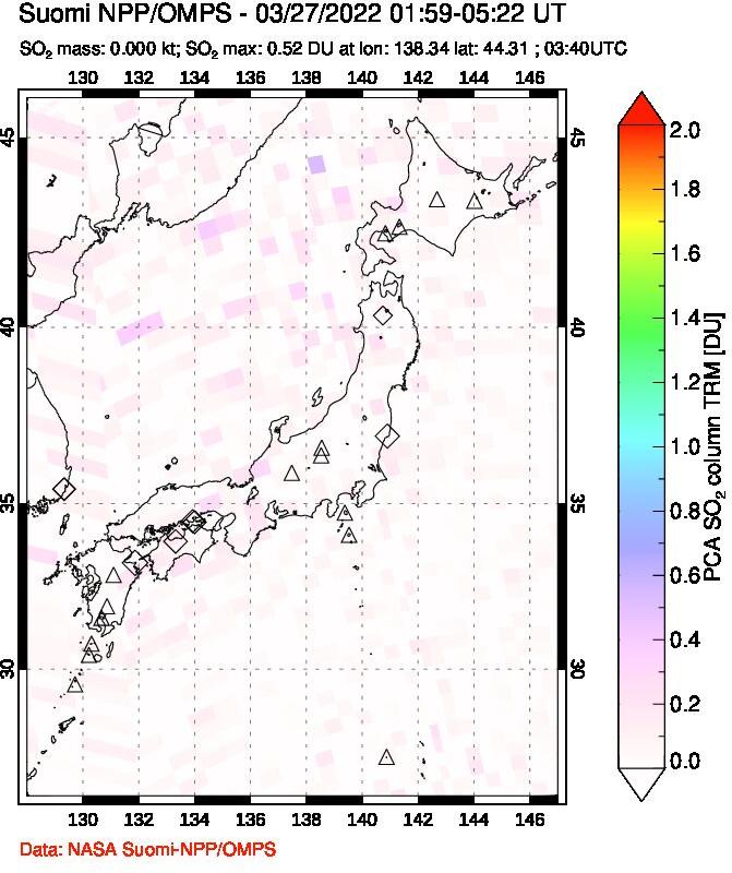 A sulfur dioxide image over Japan on Mar 27, 2022.