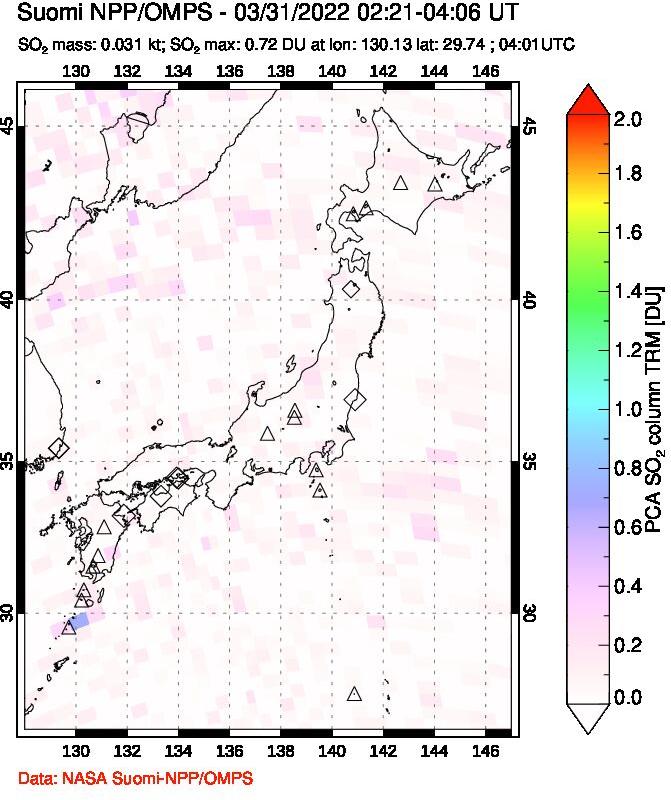 A sulfur dioxide image over Japan on Mar 31, 2022.
