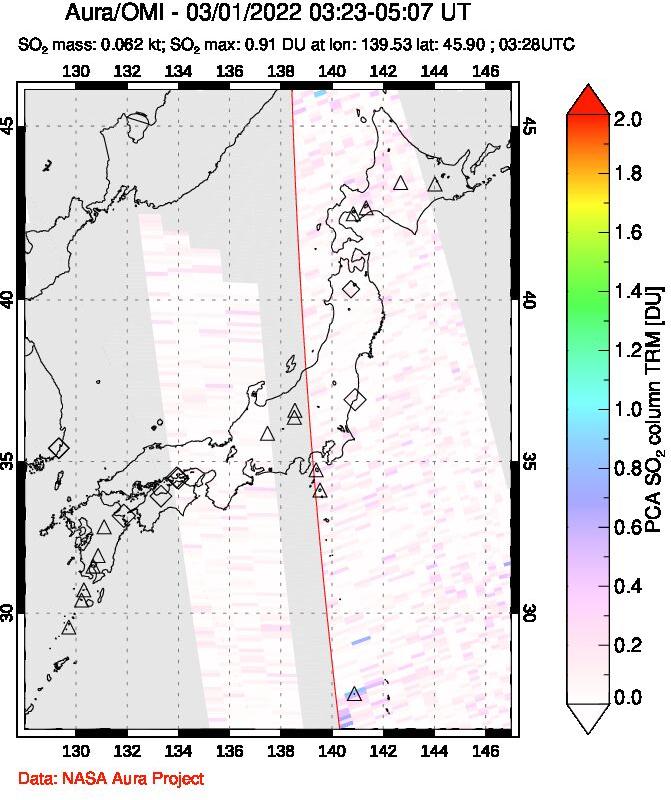 A sulfur dioxide image over Japan on Mar 01, 2022.