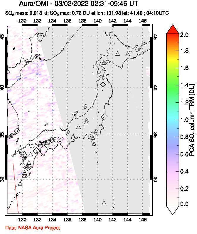 A sulfur dioxide image over Japan on Mar 02, 2022.