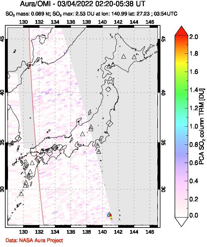 A sulfur dioxide image over Japan on Mar 04, 2022.