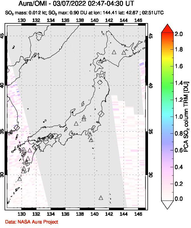 A sulfur dioxide image over Japan on Mar 07, 2022.