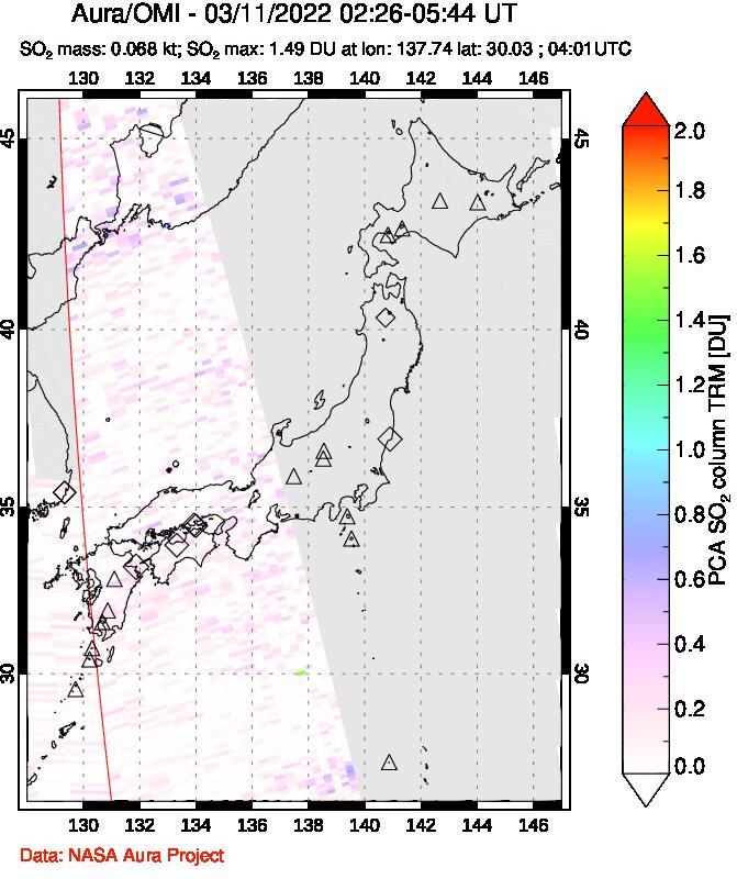 A sulfur dioxide image over Japan on Mar 11, 2022.