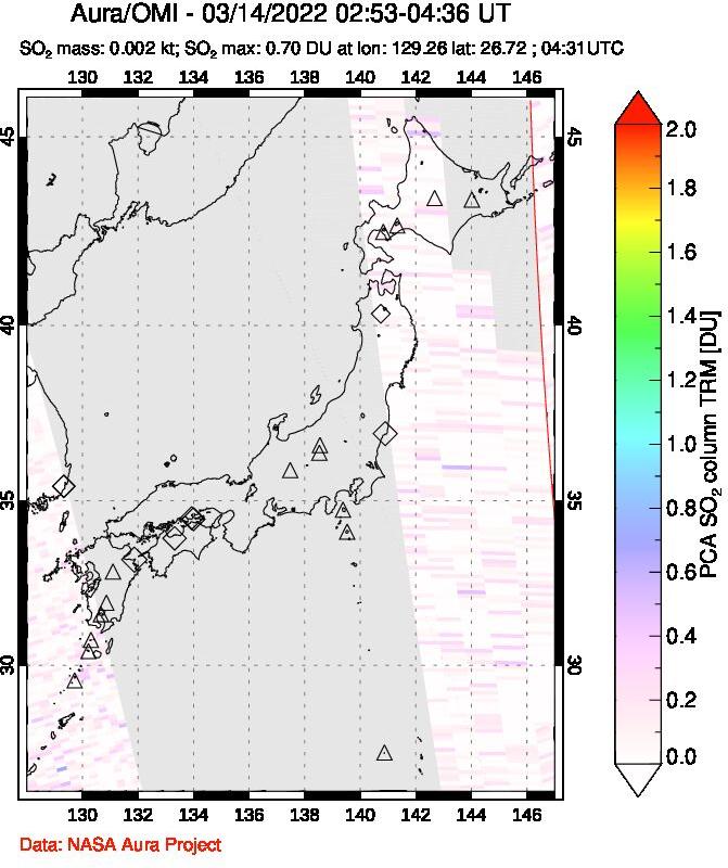 A sulfur dioxide image over Japan on Mar 14, 2022.