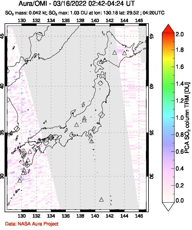 A sulfur dioxide image over Japan on Mar 16, 2022.