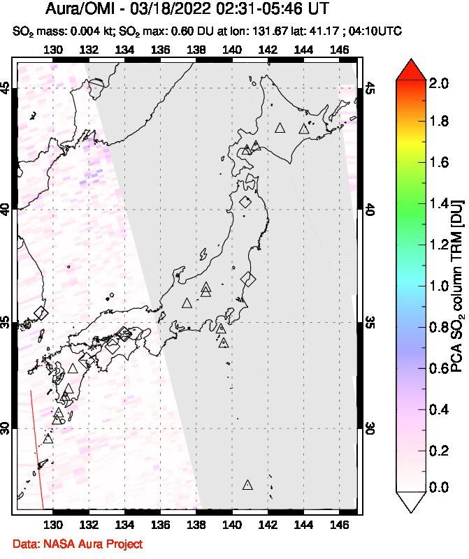 A sulfur dioxide image over Japan on Mar 18, 2022.